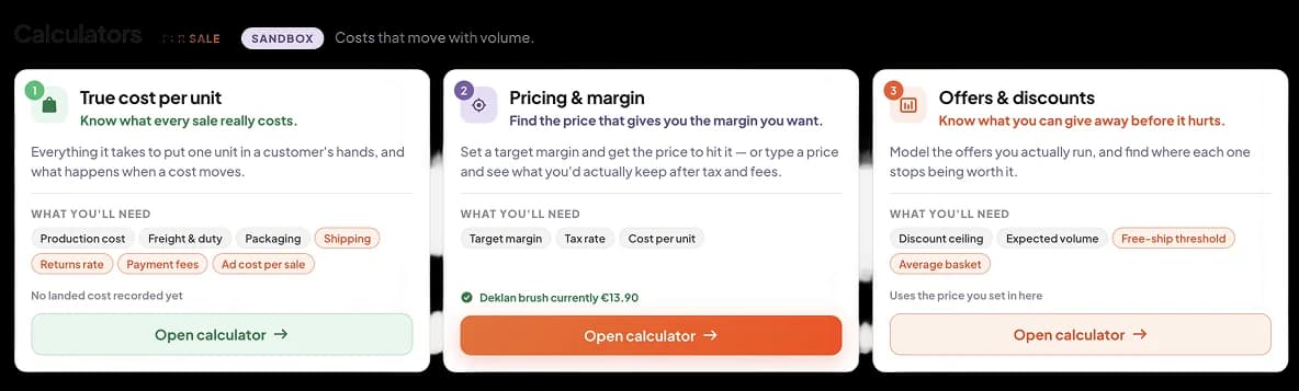 The Numbers section of Branditect showing three calculators for working out landed cost, margin and a floor price.